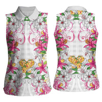 Hawaii Palaka Women Sleeveless Polo Shirt White Tribal Pattern With Tropical Flowers - Polynesian Pride