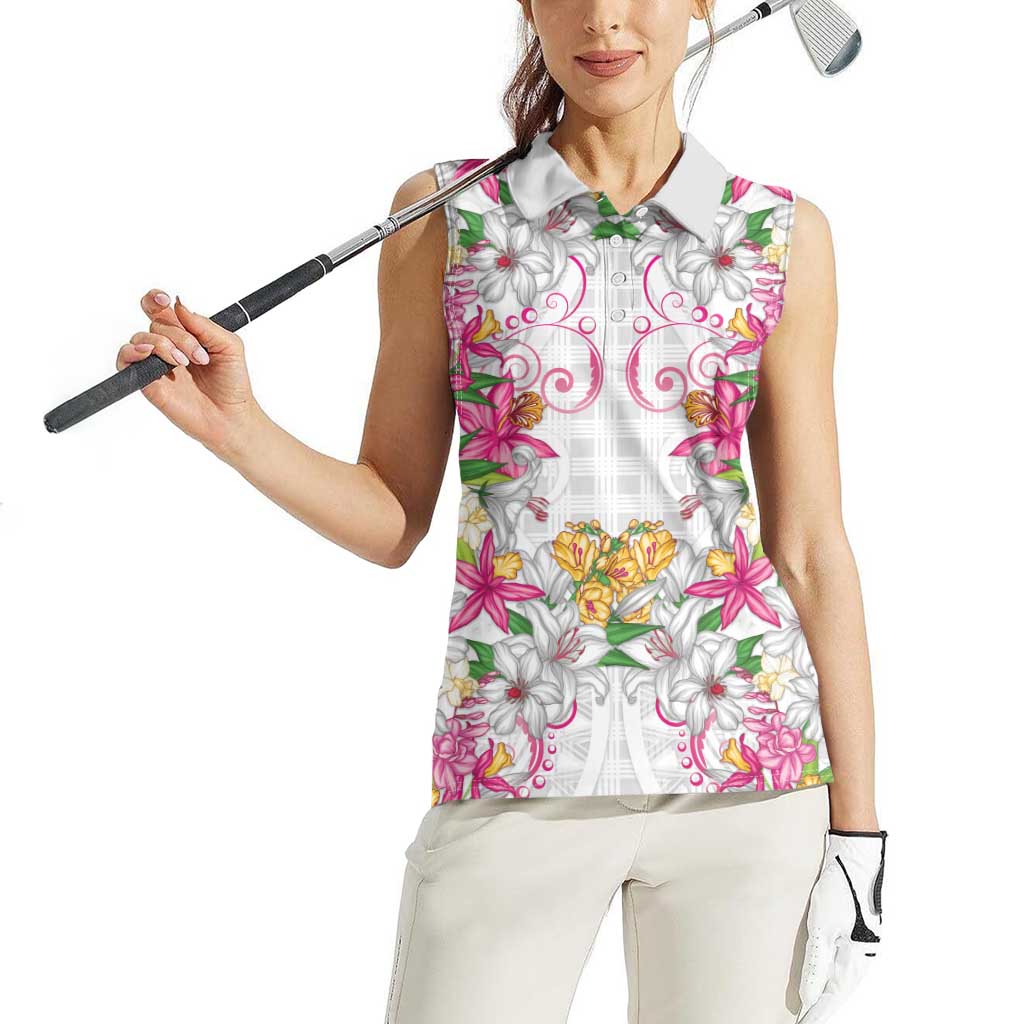 Hawaii Palaka Women Sleeveless Polo Shirt White Tribal Pattern With Tropical Flowers - Polynesian Pride