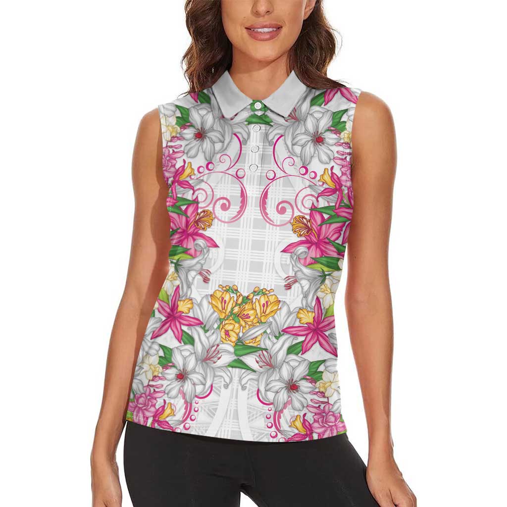 Hawaii Palaka Women Sleeveless Polo Shirt White Tribal Pattern With Tropical Flowers - Polynesian Pride