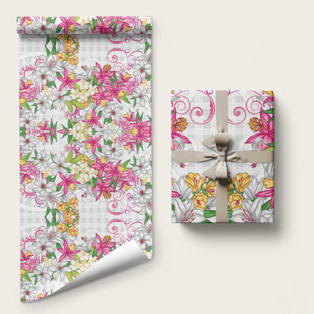 Hawaii Palaka Wrapping Paper White Tribal Pattern With Tropical Flowers LT05 58" × 23" White - Polynesian Pride