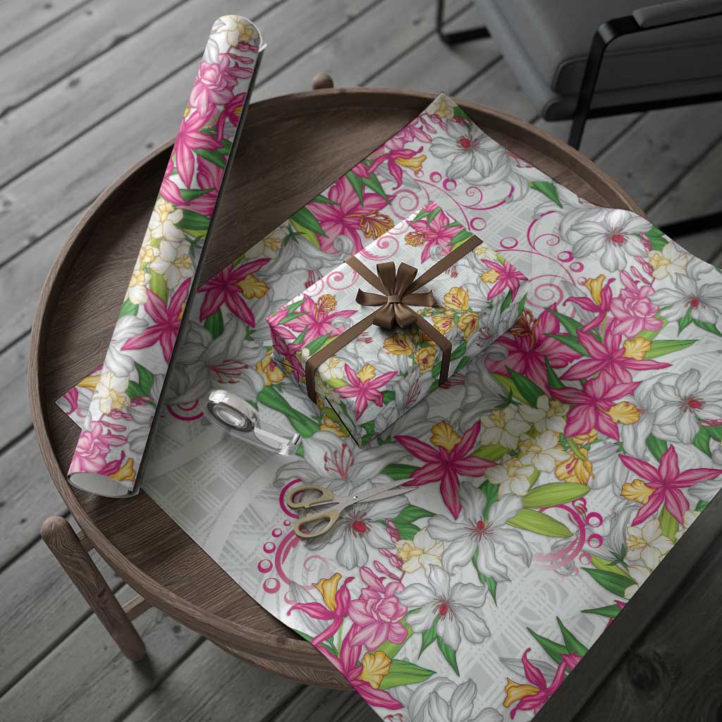 Hawaii Palaka Wrapping Paper White Tribal Pattern With Tropical Flowers - Polynesian Pride