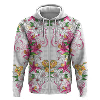 Hawaii Palaka Zip Hoodie White Tribal Pattern With Tropical Flowers - Polynesian Pride