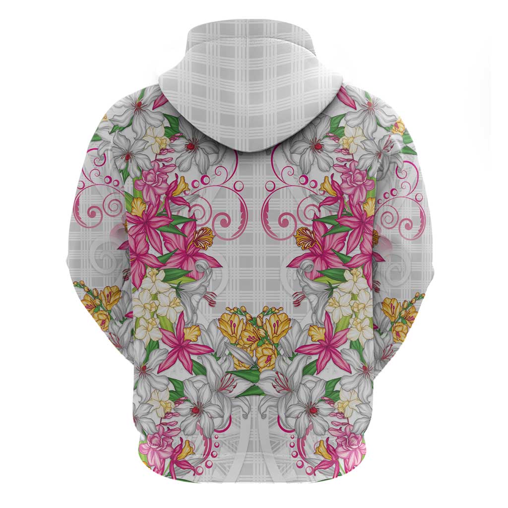 Hawaii Palaka Zip Hoodie White Tribal Pattern With Tropical Flowers - Polynesian Pride