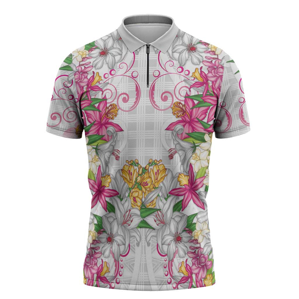 Hawaii Palaka Zipper Polo Shirt White Tribal Pattern With Tropical Flowers - Polynesian Pride