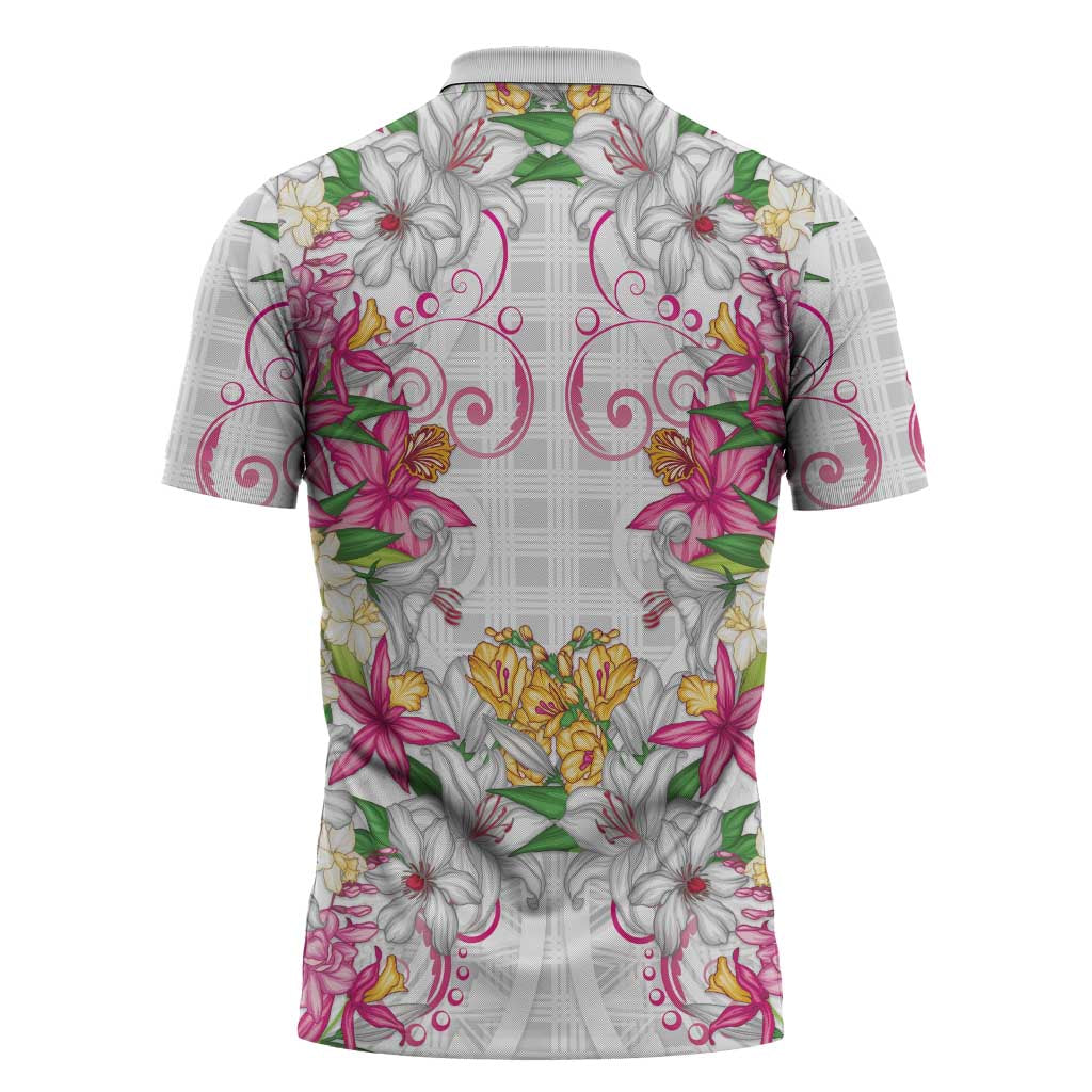 Hawaii Palaka Zipper Polo Shirt White Tribal Pattern With Tropical Flowers - Polynesian Pride