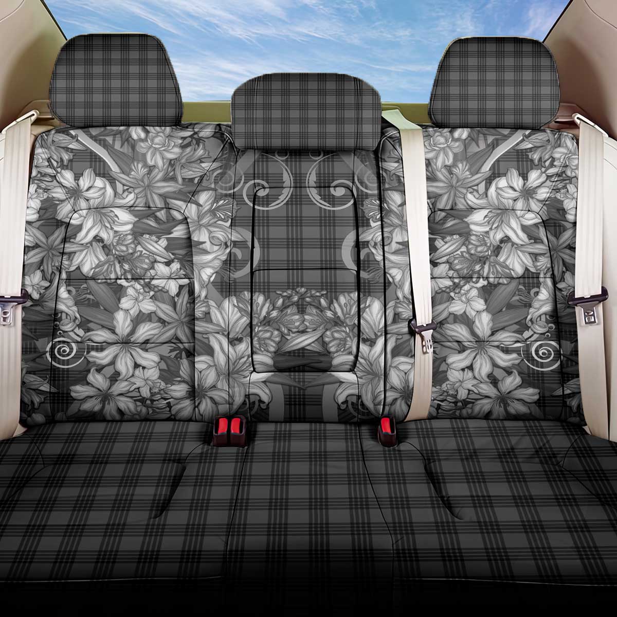 Hawaii Palaka Back Car Seat Cover Black Tribal Pattern With Tropical Flowers - Polynesian Pride