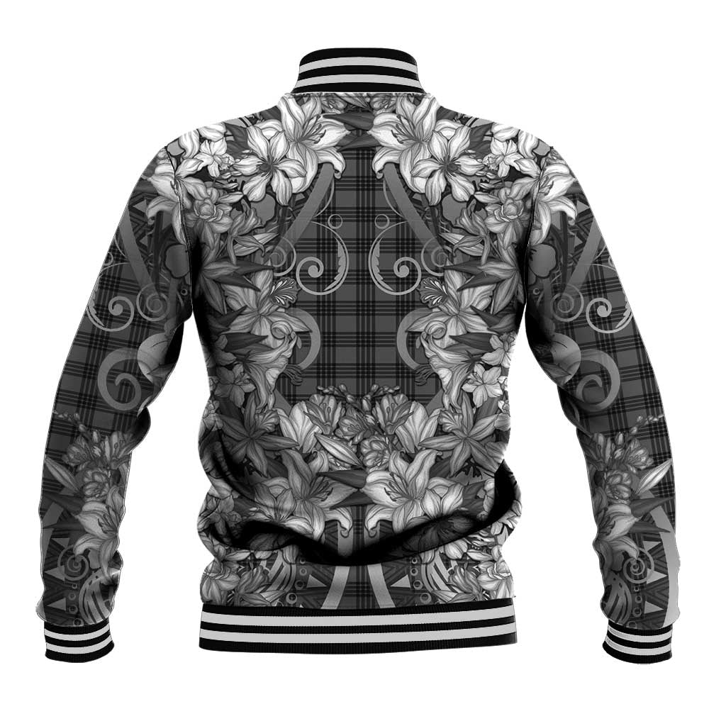 Hawaii Palaka Baseball Jacket Black Tribal Pattern With Tropical Flowers - Polynesian Pride