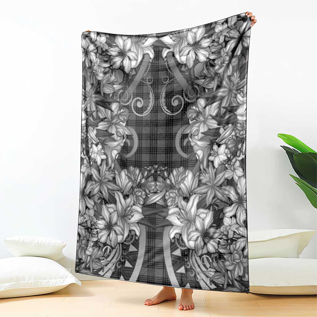 Hawaii Palaka Blanket Black Tribal Pattern With Tropical Flowers - Polynesian Pride