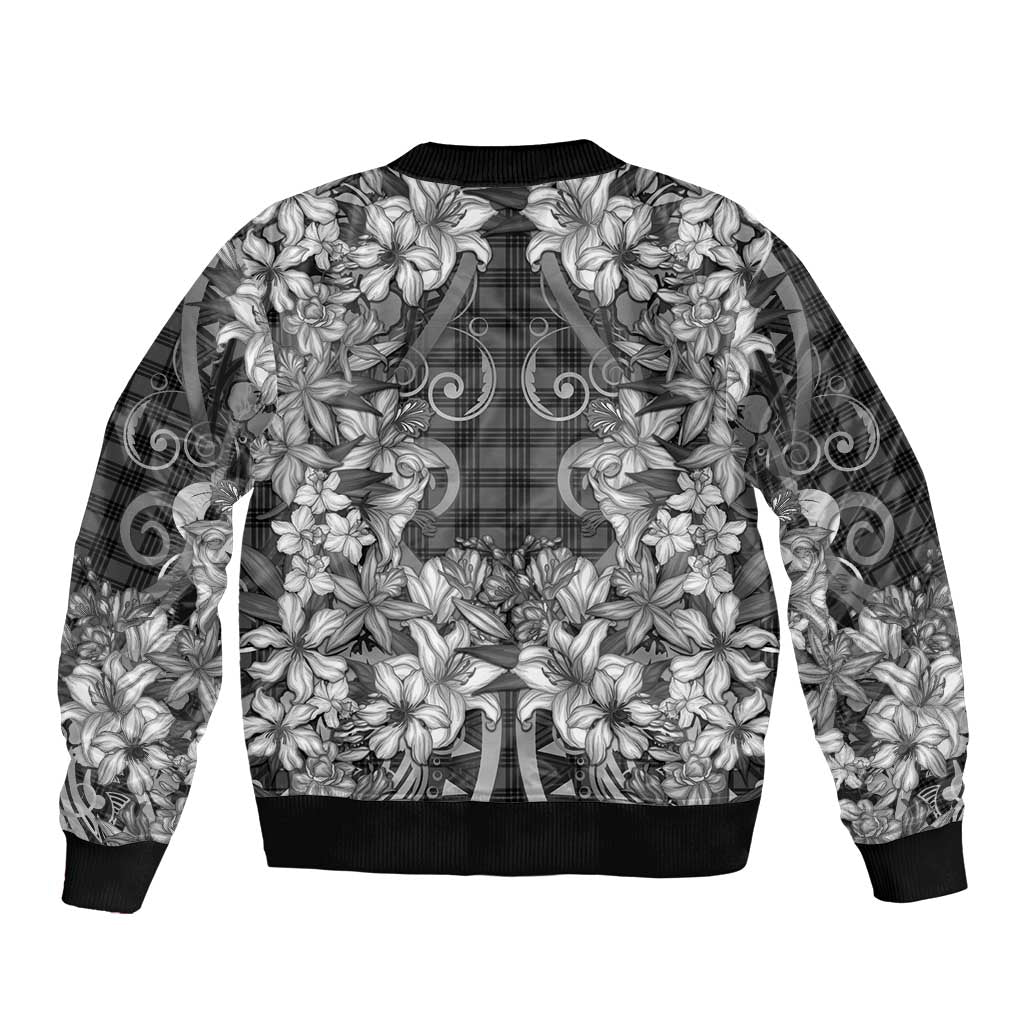 Hawaii Palaka Bomber Jacket Black Tribal Pattern With Tropical Flowers - Polynesian Pride