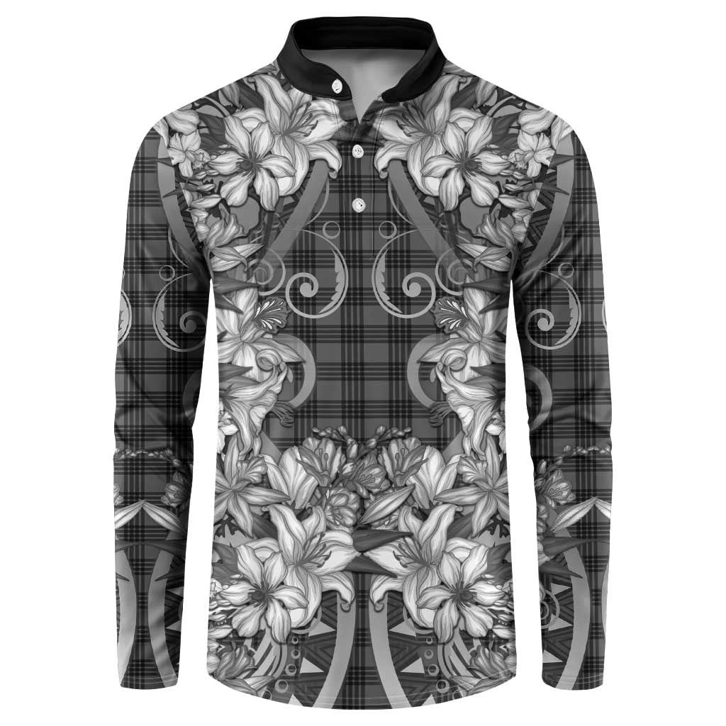 Hawaii Palaka Button Sweatshirt Black Tribal Pattern With Tropical Flowers - Polynesian Pride