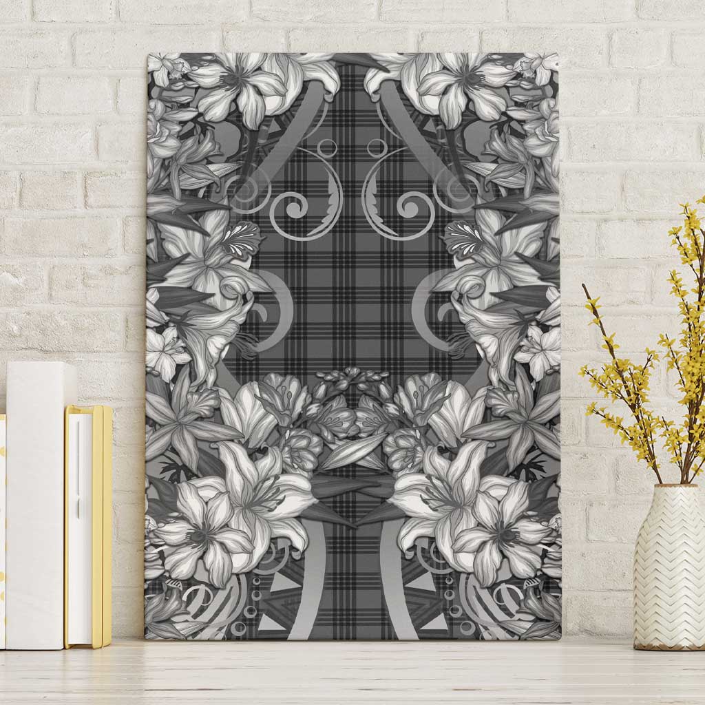 Hawaii Palaka Canvas Wall Art Black Tribal Pattern With Tropical Flowers - Polynesian Pride