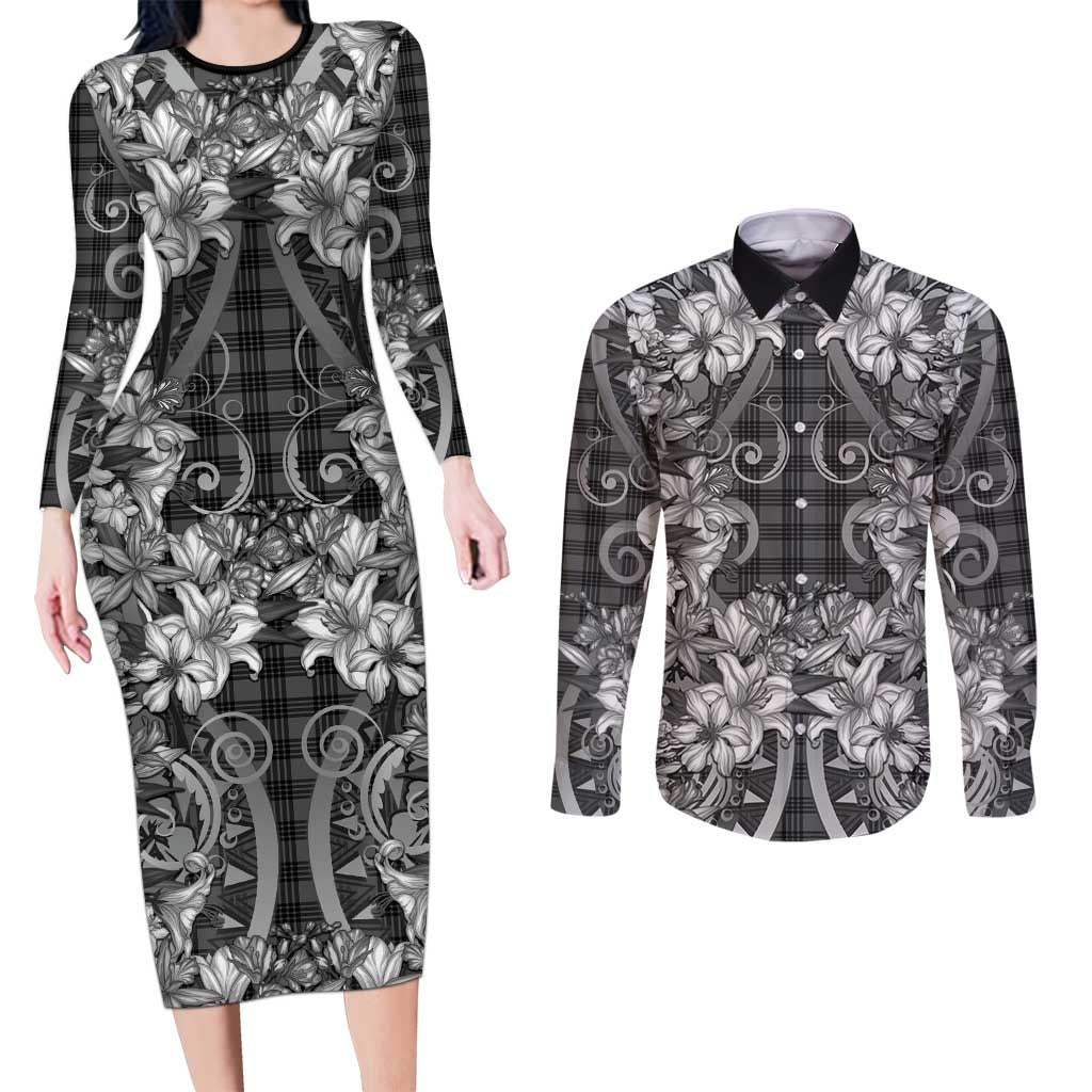 Hawaii Palaka Couples Matching Long Sleeve Bodycon Dress and Long Sleeve Button Shirt Black Tribal Pattern With Tropical Flowers - Polynesian Pride