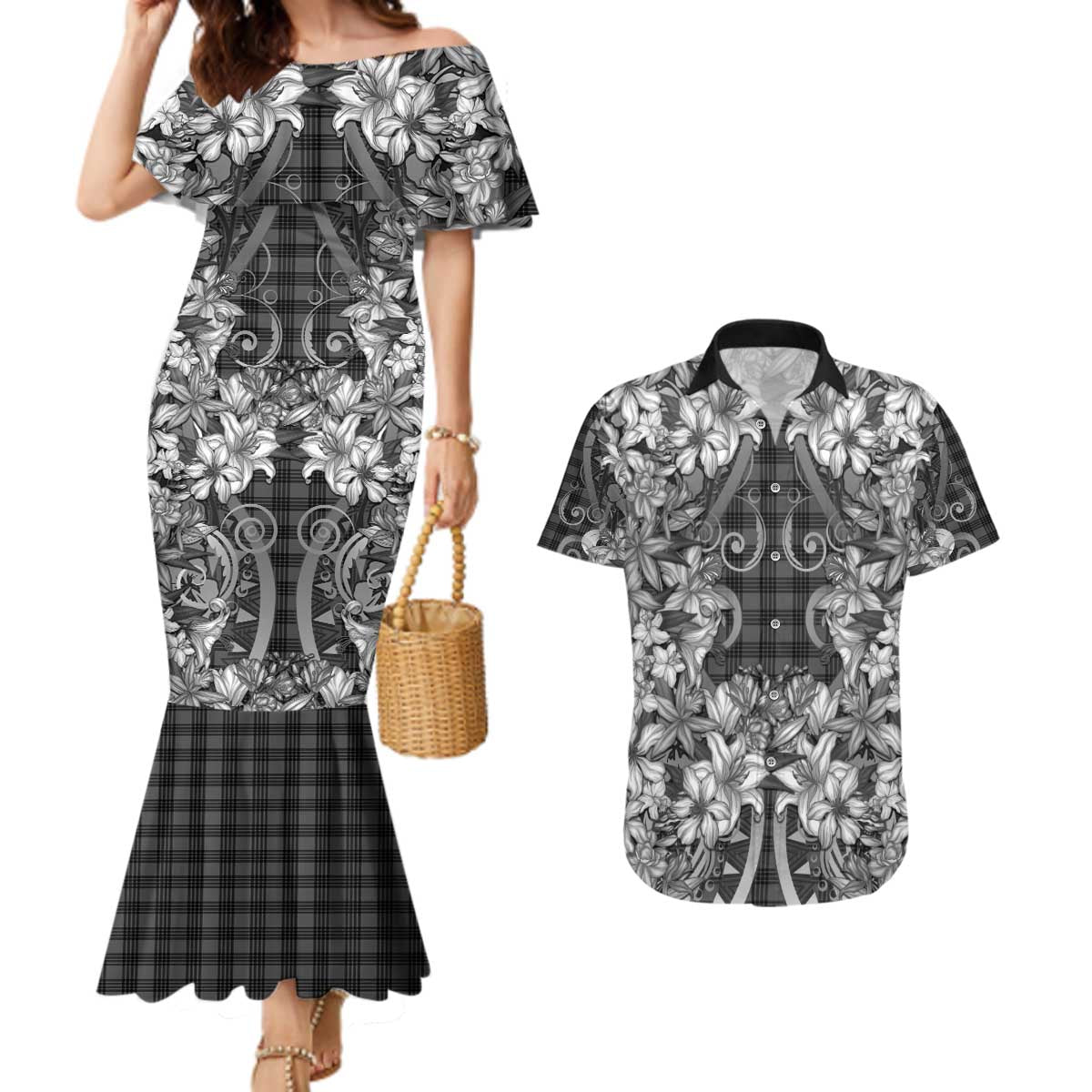 Hawaii Palaka Couples Matching Mermaid Dress and Hawaiian Shirt Black Tribal Pattern With Tropical Flowers - Polynesian Pride