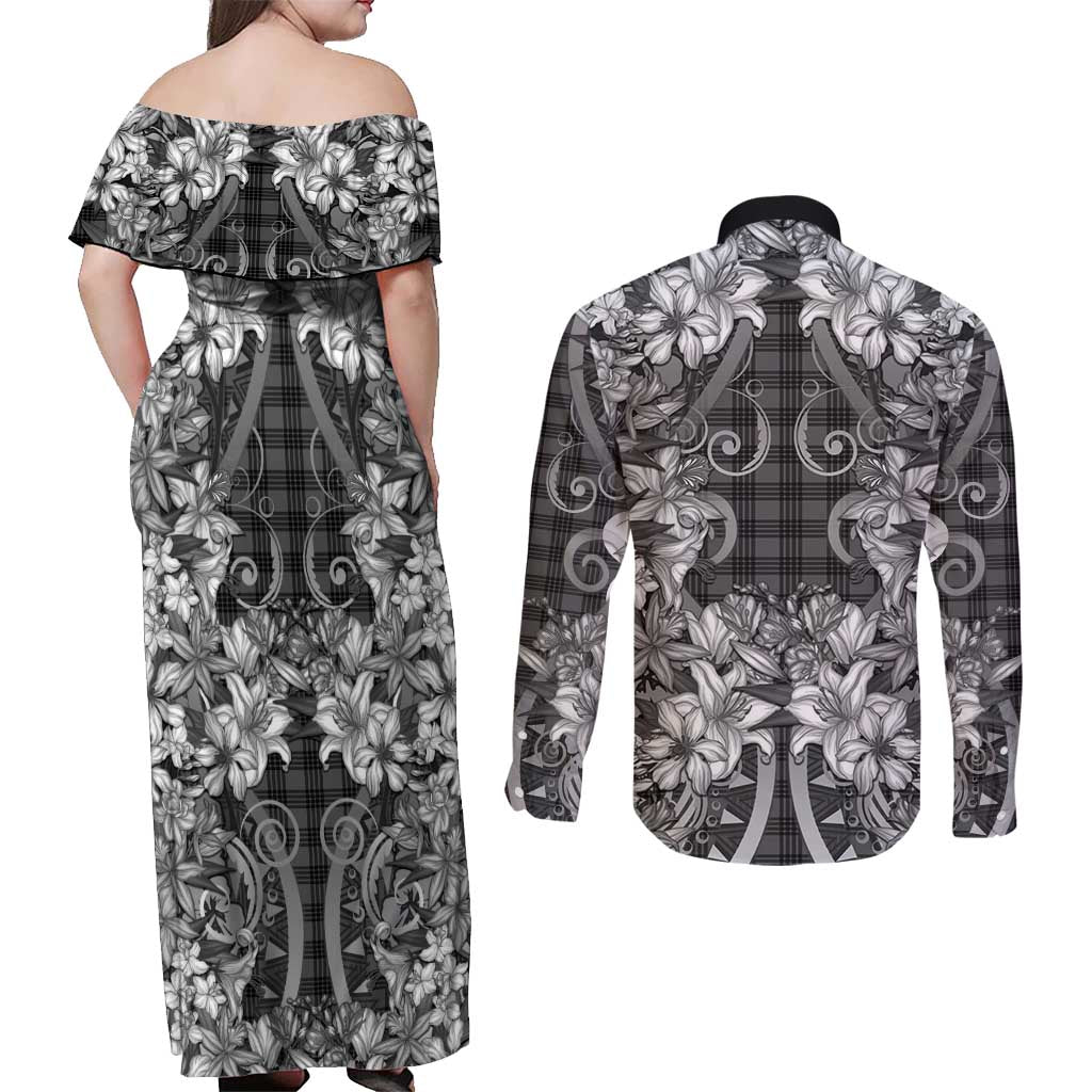 Hawaii Palaka Couples Matching Off Shoulder Maxi Dress and Long Sleeve Button Shirt Black Tribal Pattern With Tropical Flowers - Polynesian Pride