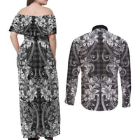 Hawaii Palaka Couples Matching Off Shoulder Maxi Dress and Long Sleeve Button Shirt Black Tribal Pattern With Tropical Flowers - Polynesian Pride