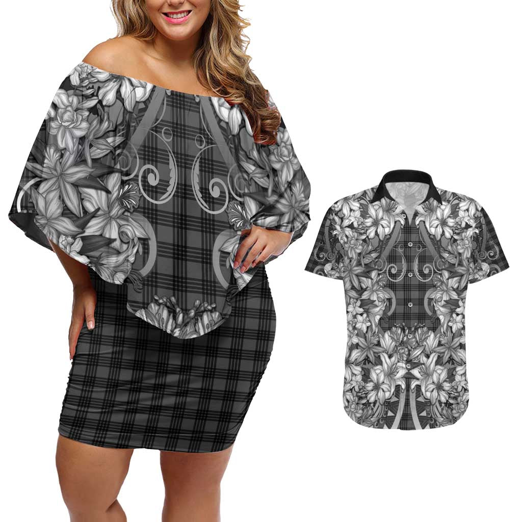 Hawaii Palaka Couples Matching Off Shoulder Short Dress and Hawaiian Shirt Black Tribal Pattern With Tropical Flowers - Polynesian Pride