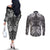 Hawaii Palaka Couples Matching Off The Shoulder Long Sleeve Dress and Long Sleeve Button Shirt Black Tribal Pattern With Tropical Flowers - Polynesian Pride