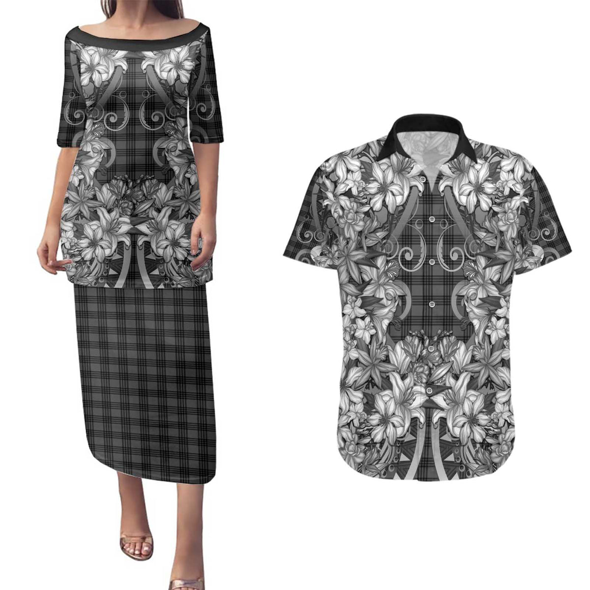 Hawaii Palaka Couples Matching Puletasi and Hawaiian Shirt Black Tribal Pattern With Tropical Flowers LT05 Black - Polynesian Pride