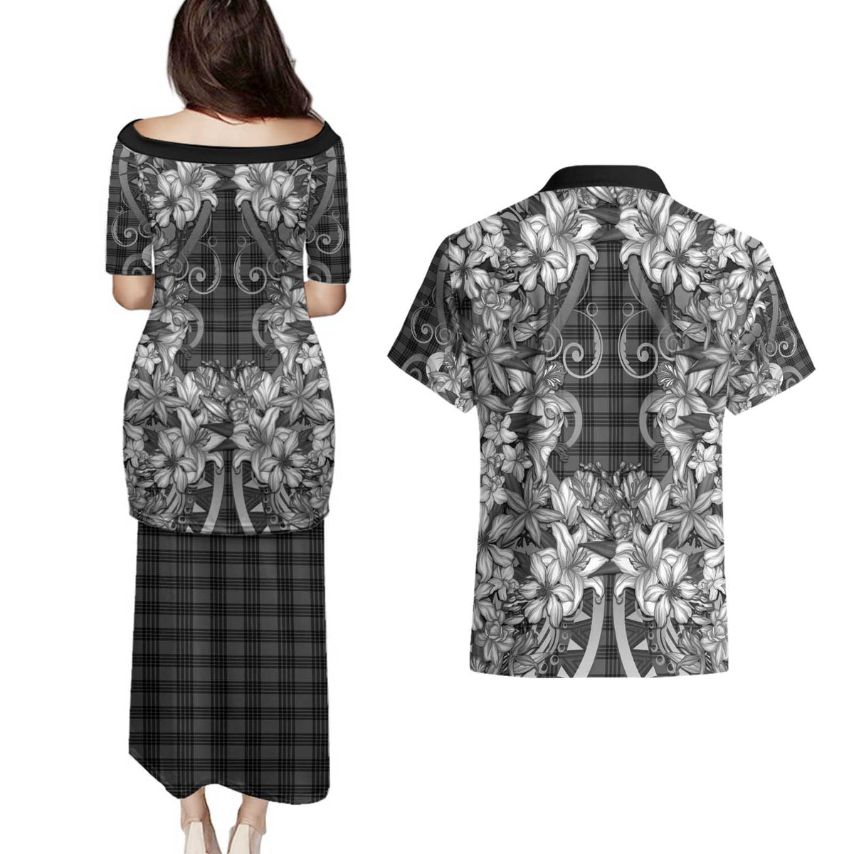 Hawaii Palaka Couples Matching Puletasi and Hawaiian Shirt Black Tribal Pattern With Tropical Flowers LT05 - Polynesian Pride