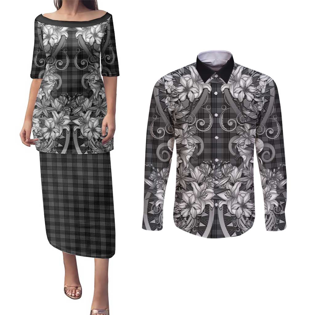 Hawaii Palaka Couples Matching Puletasi and Long Sleeve Button Shirt Black Tribal Pattern With Tropical Flowers - Polynesian Pride