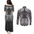 Hawaii Palaka Couples Matching Puletasi and Long Sleeve Button Shirt Black Tribal Pattern With Tropical Flowers - Polynesian Pride