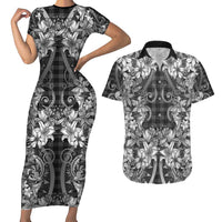 Hawaii Palaka Couples Matching Short Sleeve Bodycon Dress and Hawaiian Shirt Black Tribal Pattern With Tropical Flowers - Polynesian Pride