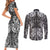 Hawaii Palaka Couples Matching Short Sleeve Bodycon Dress and Long Sleeve Button Shirt Black Tribal Pattern With Tropical Flowers - Polynesian Pride