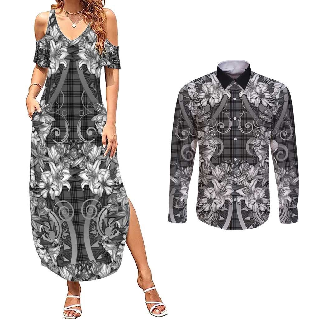 Hawaii Palaka Couples Matching Summer Maxi Dress and Long Sleeve Button Shirt Black Tribal Pattern With Tropical Flowers - Polynesian Pride