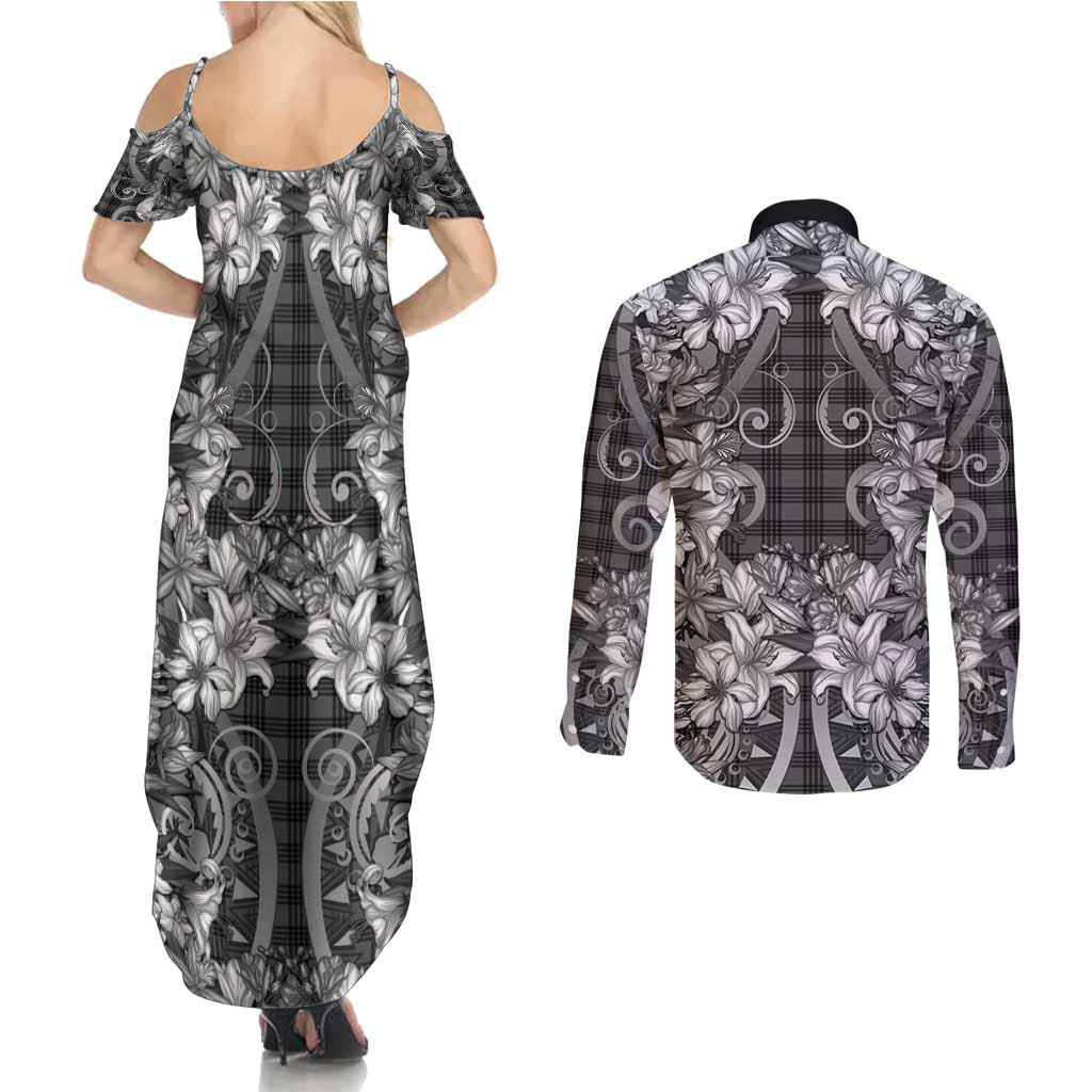 Hawaii Palaka Couples Matching Summer Maxi Dress and Long Sleeve Button Shirt Black Tribal Pattern With Tropical Flowers - Polynesian Pride