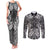Hawaii Palaka Couples Matching Tank Maxi Dress and Long Sleeve Button Shirt Black Tribal Pattern With Tropical Flowers - Polynesian Pride