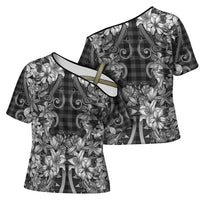 Hawaii Palaka Cross Shoulder Shirt Black Tribal Pattern With Tropical Flowers - Polynesian Pride