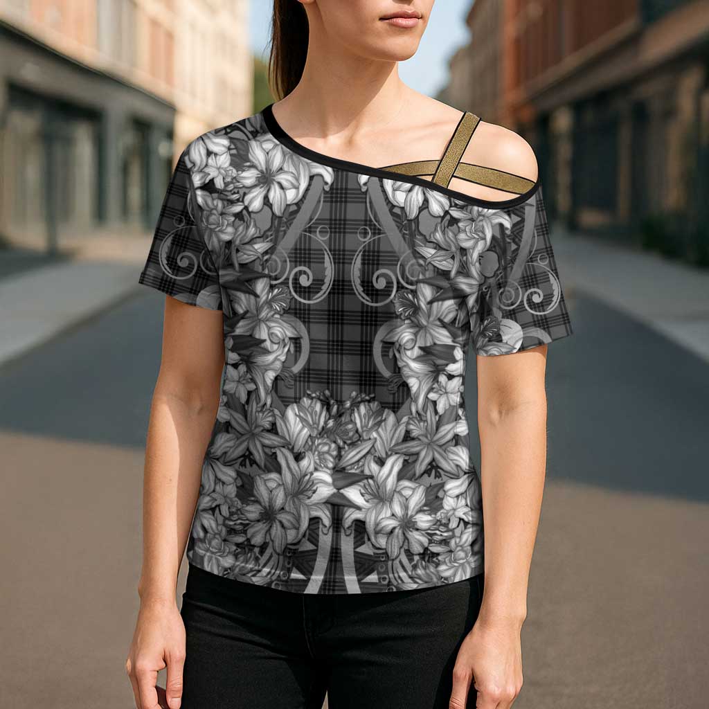 Hawaii Palaka Cross Shoulder Shirt Black Tribal Pattern With Tropical Flowers - Polynesian Pride