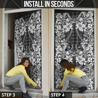 Hawaii Palaka Door Cover Black Tribal Pattern With Tropical Flowers - Polynesian Pride