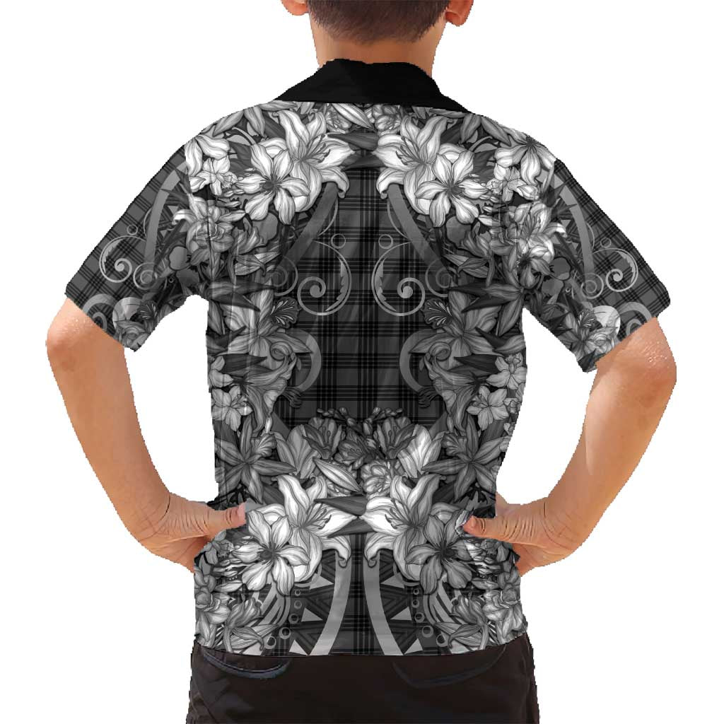 Hawaii Palaka Family Matching Long Sleeve Bodycon Dress and Hawaiian Shirt Black Tribal Pattern With Tropical Flowers LT05 - Polynesian Pride
