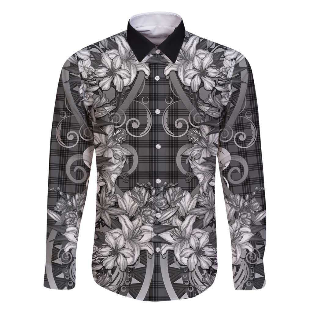 Hawaii Palaka Family Matching Long Sleeve Bodycon Dress and Hawaiian Shirt Black Tribal Pattern With Tropical Flowers LT05 Dad's Shirt - Long Sleeve Black - Polynesian Pride