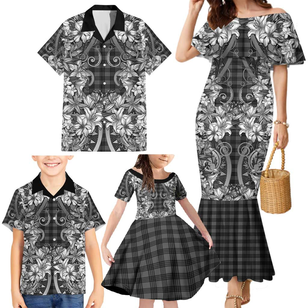 Hawaii Palaka Family Matching Mermaid Dress and Hawaiian Shirt Black Tribal Pattern With Tropical Flowers - Polynesian Pride
