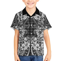 Hawaii Palaka Family Matching Off The Shoulder Long Sleeve Dress and Hawaiian Shirt Black Tribal Pattern With Tropical Flowers - Polynesian Pride