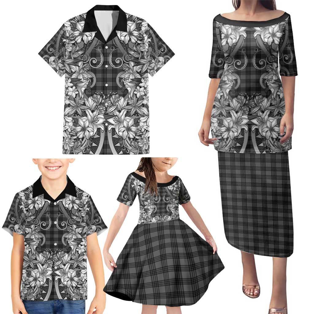 Hawaii Palaka Family Matching Puletasi and Hawaiian Shirt Black Tribal Pattern With Tropical Flowers - Polynesian Pride