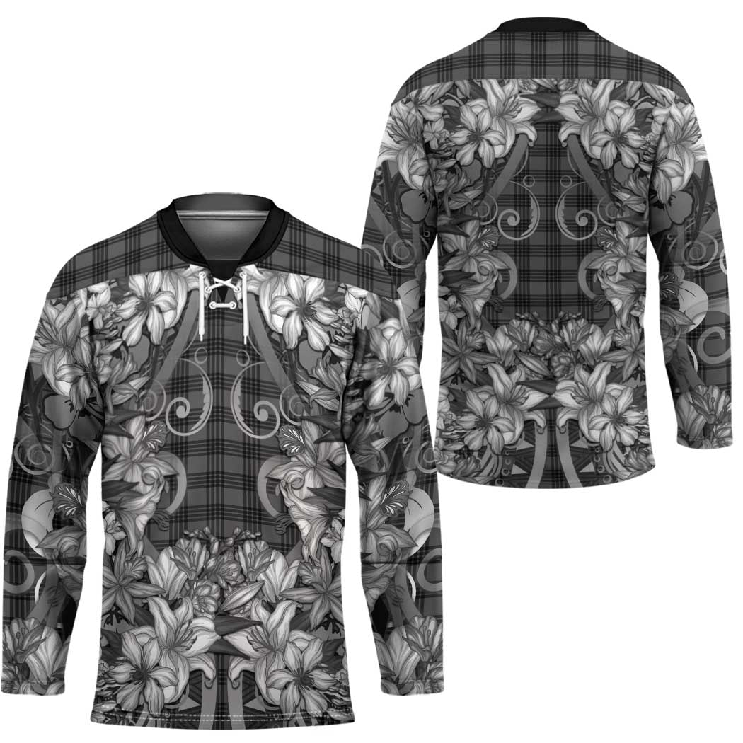 Hawaii Palaka Hockey Jersey Black Tribal Pattern With Tropical Flowers - Polynesian Pride