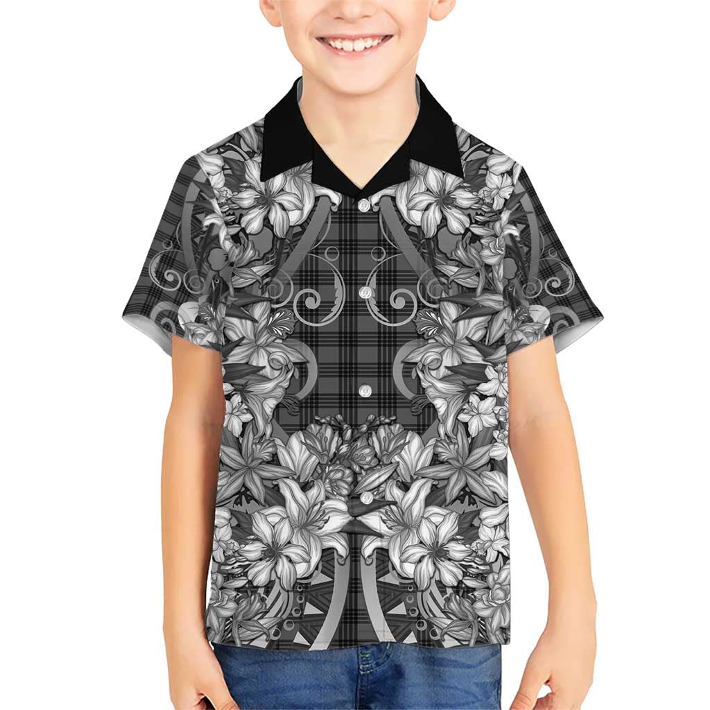 Hawaii Palaka Kid Hawaiian Shirt Black Tribal Pattern With Tropical Flowers - Polynesian Pride