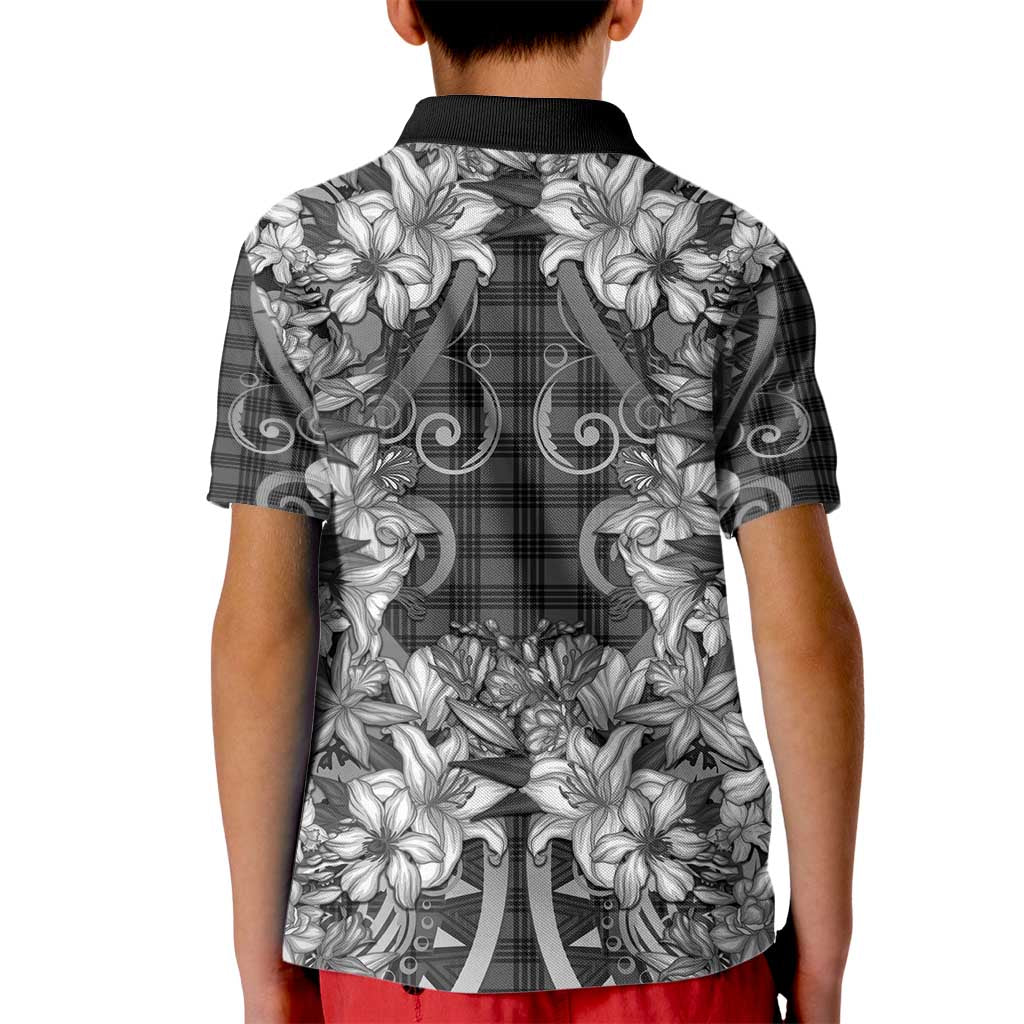 Hawaii Palaka Kid Polo Shirt Black Tribal Pattern With Tropical Flowers - Polynesian Pride