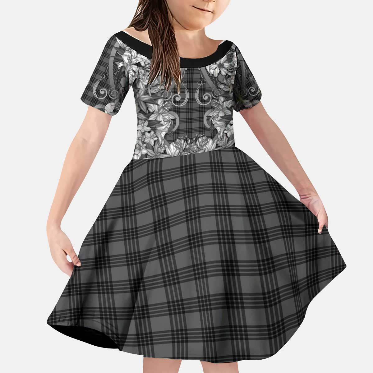 Hawaii Palaka Kid Short Sleeve Dress Black Tribal Pattern With Tropical Flowers - Polynesian Pride