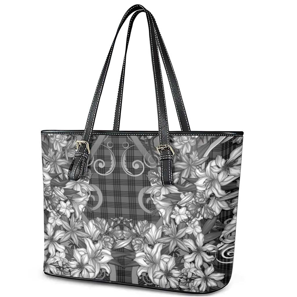 Hawaii Palaka Leather Tote Bag Black Tribal Pattern With Tropical Flowers - Polynesian Pride
