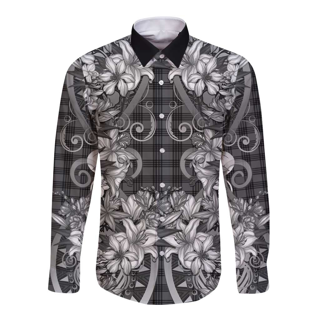 Hawaii Palaka Long Sleeve Button Shirt Black Tribal Pattern With Tropical Flowers - Polynesian Pride