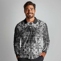 Hawaii Palaka Long Sleeve Polo Shirt Black Tribal Pattern With Tropical Flowers - Polynesian Pride