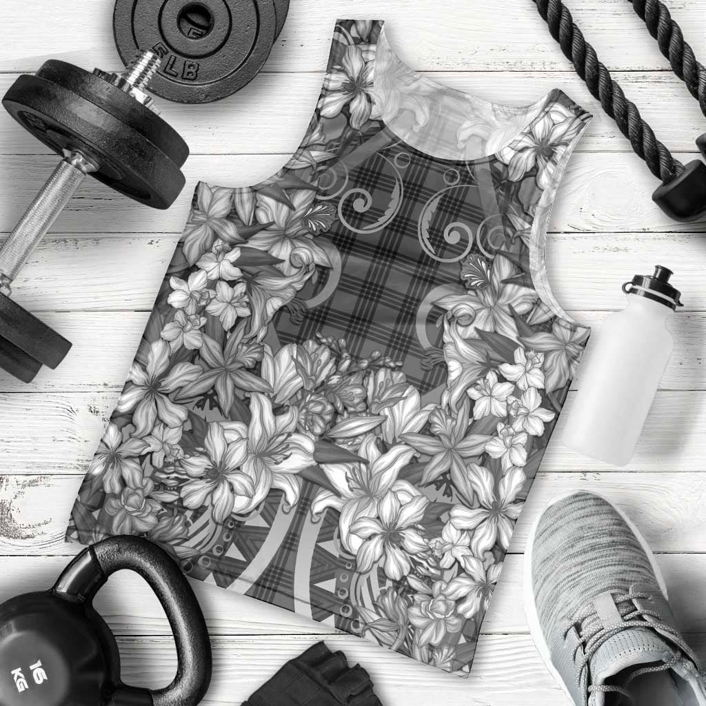 Hawaii Palaka Men Tank Top Black Tribal Pattern With Tropical Flowers - Polynesian Pride