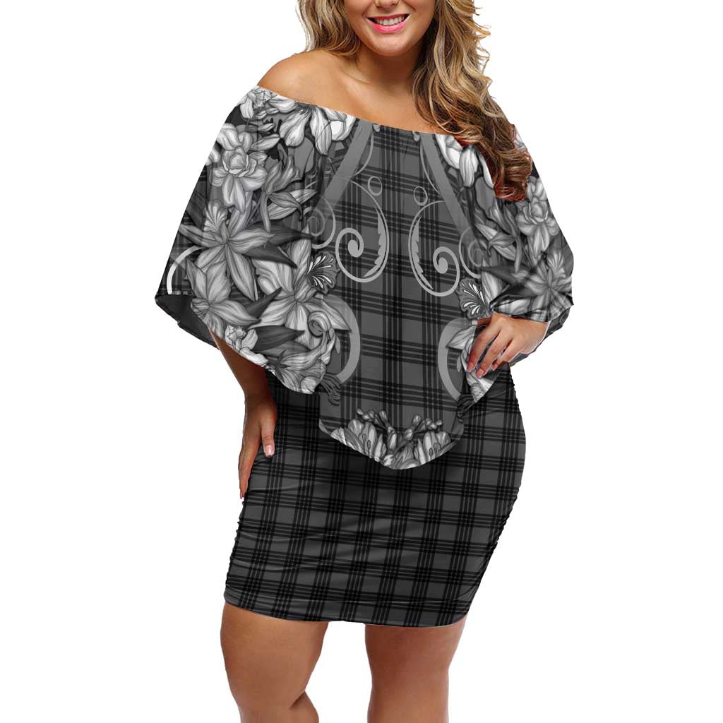 Hawaii Palaka Off Shoulder Short Dress Black Tribal Pattern With Tropical Flowers - Polynesian Pride