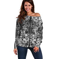 Hawaii Palaka Off Shoulder Sweater Black Tribal Pattern With Tropical Flowers - Polynesian Pride