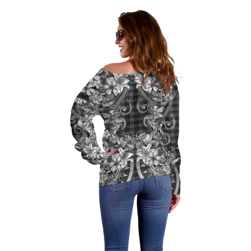 Hawaii Palaka Off Shoulder Sweater Black Tribal Pattern With Tropical Flowers - Polynesian Pride