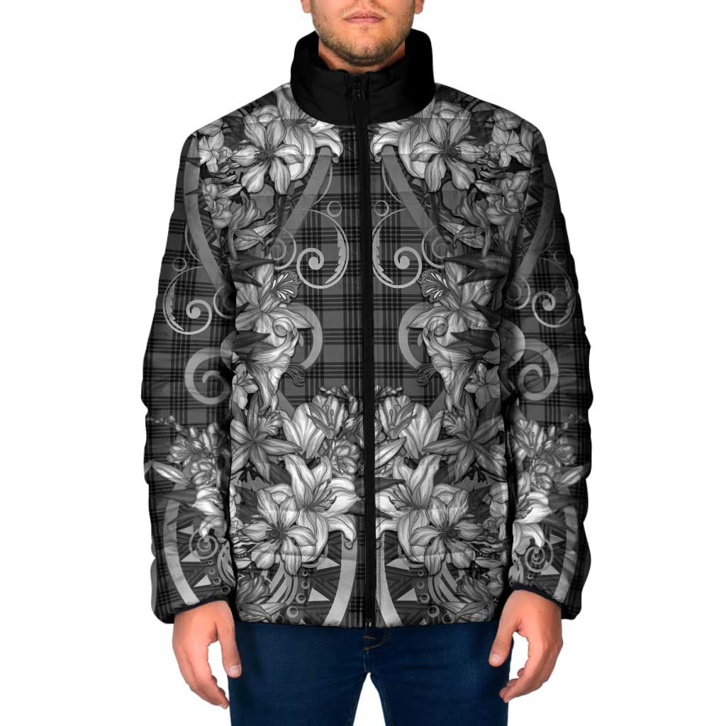 Hawaii Palaka Padded Jacket Black Tribal Pattern With Tropical Flowers - Polynesian Pride